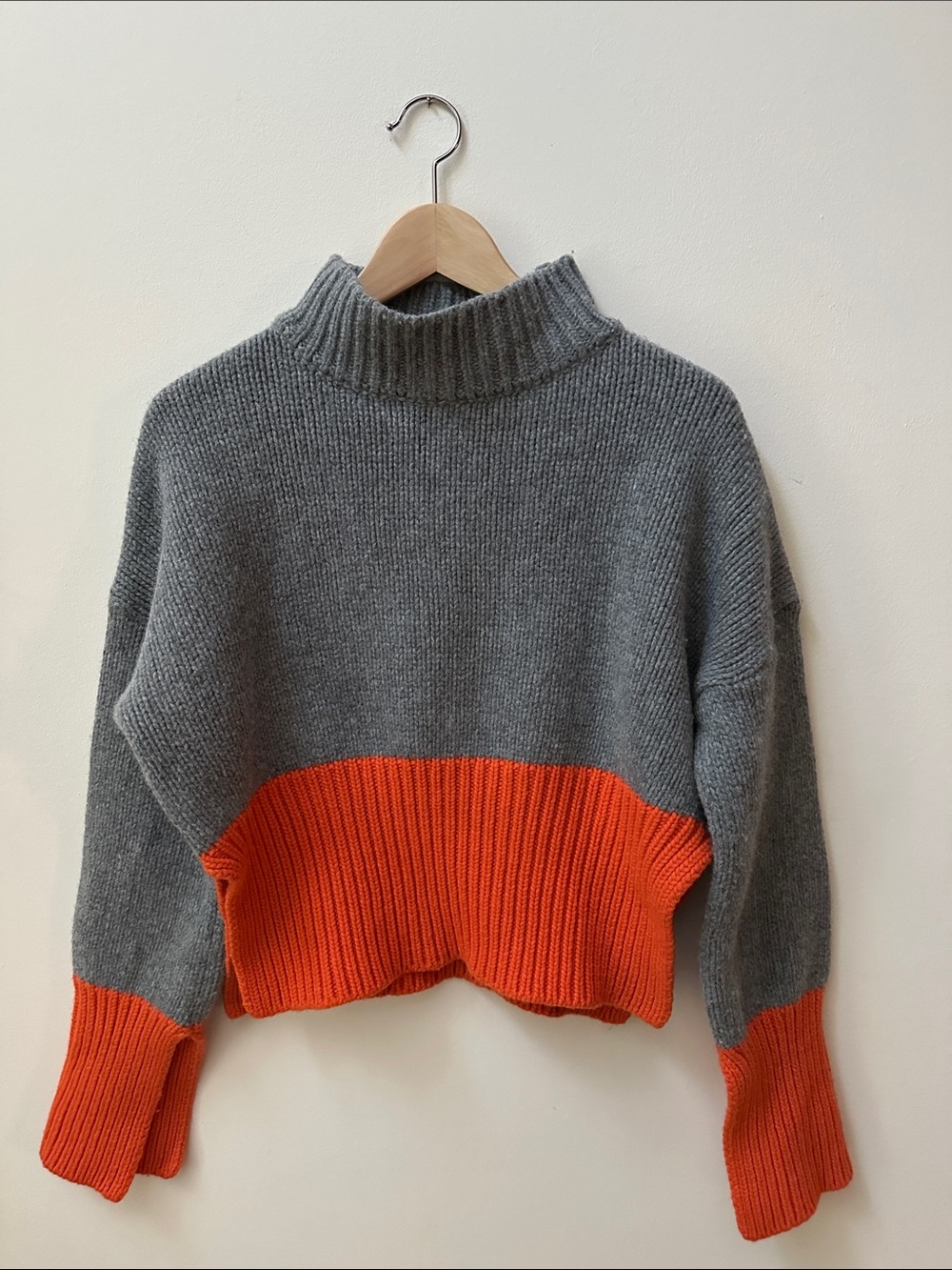 Wool Gray and Orange Cropped Turtleneck Sweater - Women